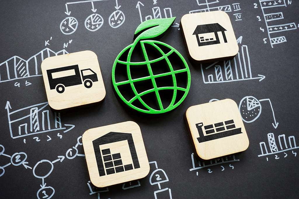 cubes with symbols of supply chain management and sustainability